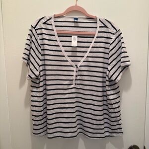 Old Navy Linen Blend Striped Henley Tee XL Navy White Short Sleeve Cropped NWT
